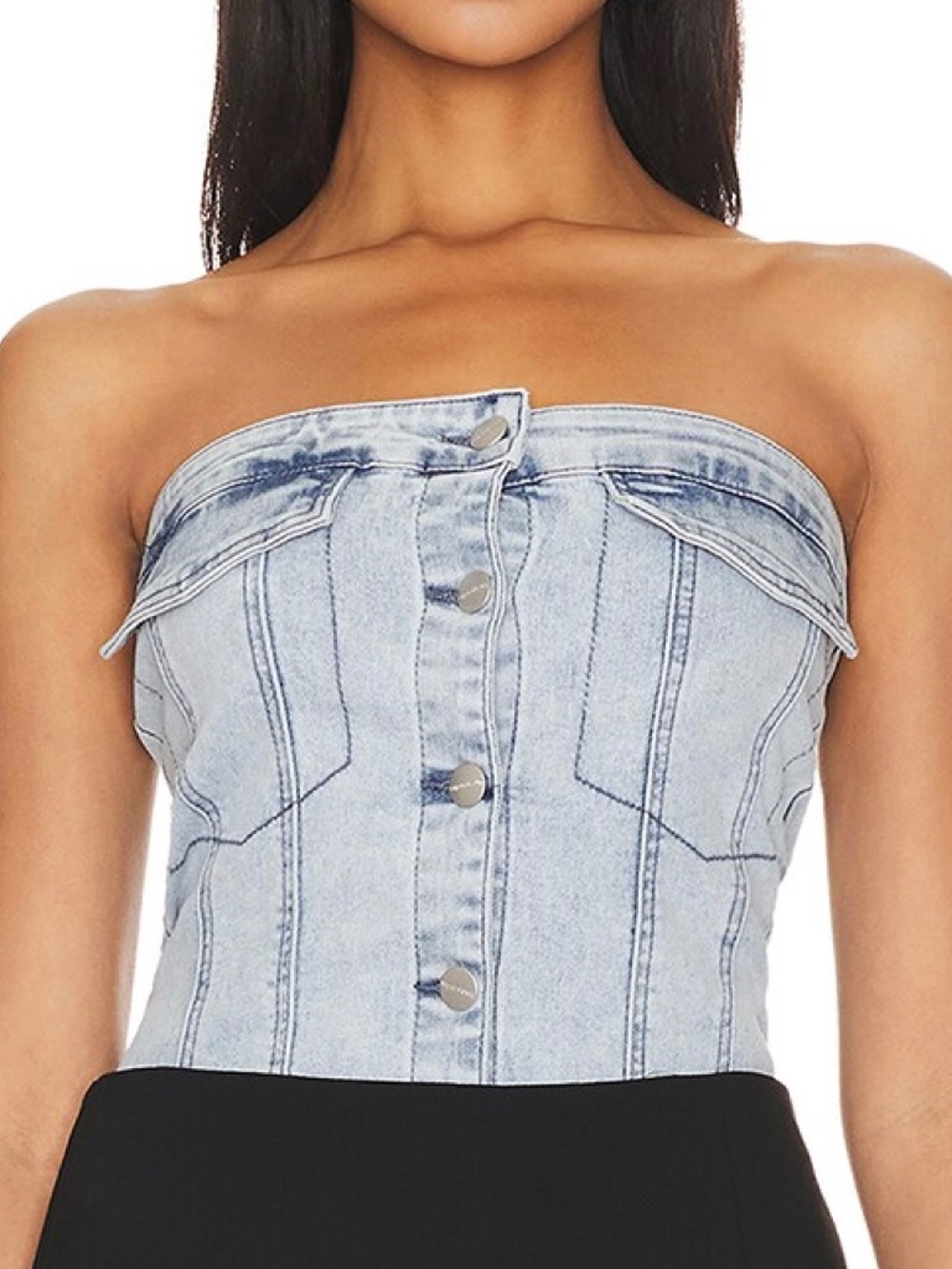 Superdown Jozie Strapless Corset Top in Blue Denim Size Large